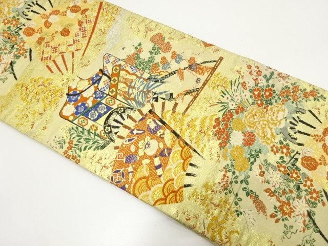 JAPANESE KIMONO / ANTIQUE MARU OBI / WOVEN CARRIAGE & FLOWER